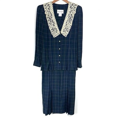 Vintage 80s Plaza South Plaid Crochet Collar Suit Dress Size 10