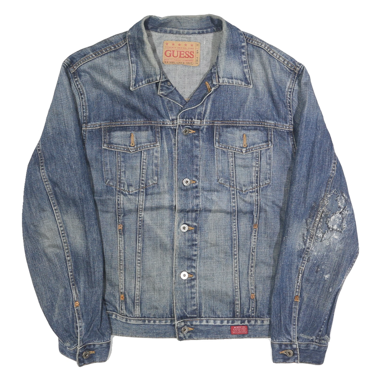 GUESS Mens Blue Denim Jacket M Cotton Button Casual Vintage Distressed