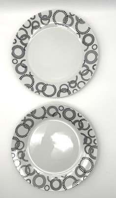 2- Pier 1 Eclipse Porcelain Dessert/ Salad Plates White w/ Black Circles 8''