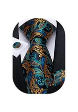  Mens Tie Set Silk Solid Paisley Necktie and Pocket Square Gold Teal Paisley