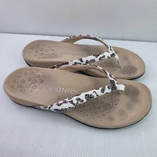 VIONIC Dillion Toe Post Leather White Leopard Women Sz 8.5 Sandals