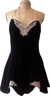 Vintage Black Velvet Slip Dress Lace Appliqué Handkerchief Hem Spaghetti Strap