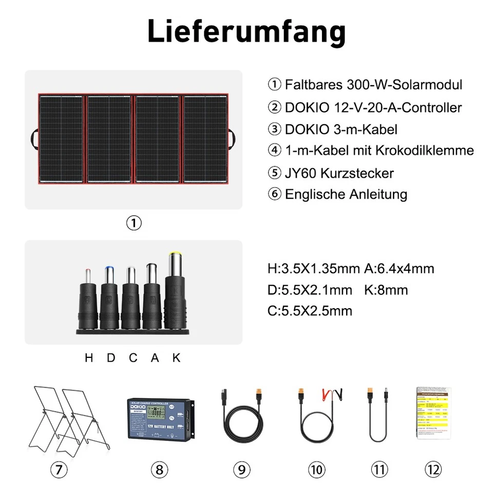 Dokio Solarpanel 300w Faltbar Tragbar 12V Solar für Batterie Wohnmobil Camping - Bild 2 von 4
