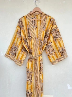 Indisch Gelb Tiger Baumwolle Robe Kurz Kimono Nachtwäsche Nacht Anzug US