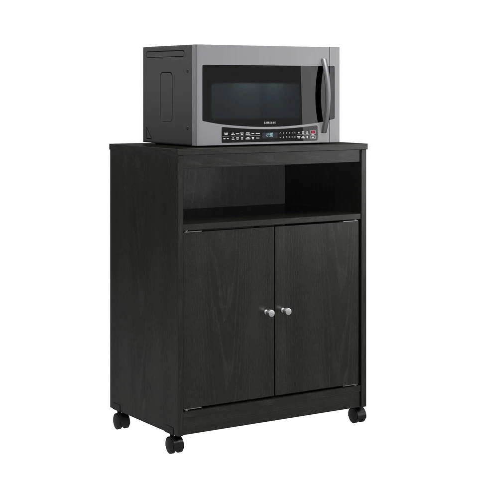 Home Microwave Cart Rolling Kitchen Cart Storage Cabinet with Doors Black Oak US - Image 4 of 4
