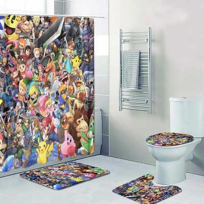 Smash Ultimate Characters Print Shower Curtain Bath Math Toilet Lid Cover Mat