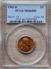 1942-D PENNY, PCGS MS 66 RD