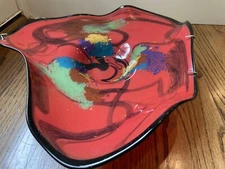 Art Deco Hand Crafted Abstract Art Multi Color Centerpiece 17" Bowl Ruffled Edge