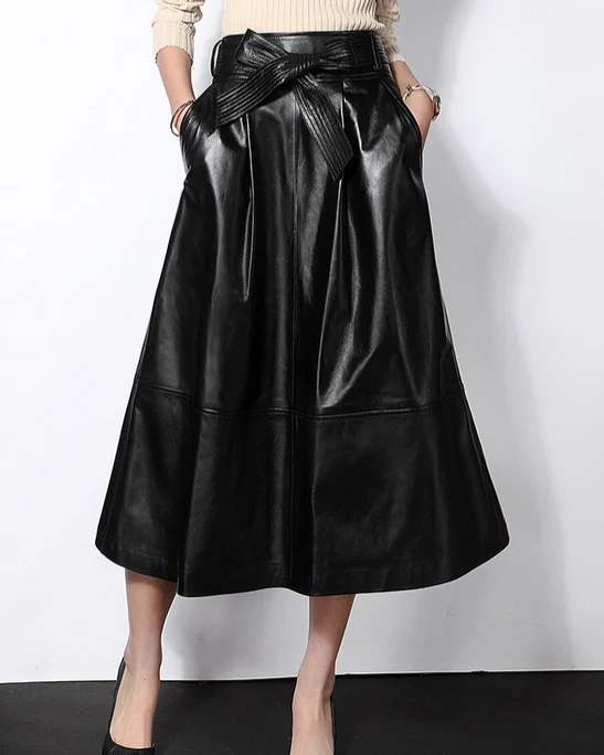 Women Real Leather 2023 Genuine Sheepskin Leather Fashion Skirt A-line Retro - Picture 6 of 22