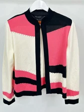 MING WANG Cardigan Jacket Blazer SZ L White Pink Blue Women Knit Stretch Studded