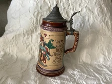 Mettlach Style Antique Stein W/Pewter Lid-We Like To Drink And Sing 908 Germany