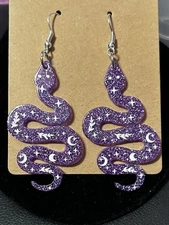 Very Cool Trendy Snake Earrings- Purple Glitter- 2.25”