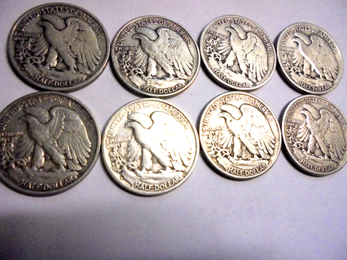SILVER-LIBERTY WALKING HALF DOLLARS-8 COINS-1943 TO 1947-P-D-S MIX-CIRCULATED - Picture 4 of 6