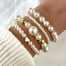 "4 piece Pearl Beaded Bracelet Set heart Charm Wedding Party Jewelry Gift"