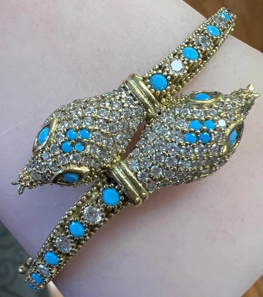 Turquoise Diamond 14K Gold on SOLID 925 Victorian Rev Snake Bracelet Genuine - Image 2 of 4