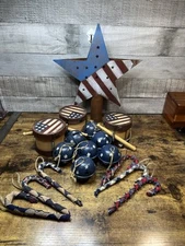 Primitive Rustic Americana Christmas Tree Decor Ornaments. Bells, Stars