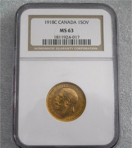 1918 C CANADA GOLD COIN SOVEREIGN GEORGE V  MS-63 BY NGC GEM