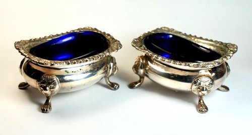 Pair of EPNS Mustard Pots Condiment set with Cobalt Blue Glass Inserts - Picture 2 of 5