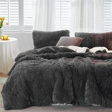 Luxury Faux Fur Full/Queen Size Winter Comforter Set Shaggy Velvet Dark Gray/Bla