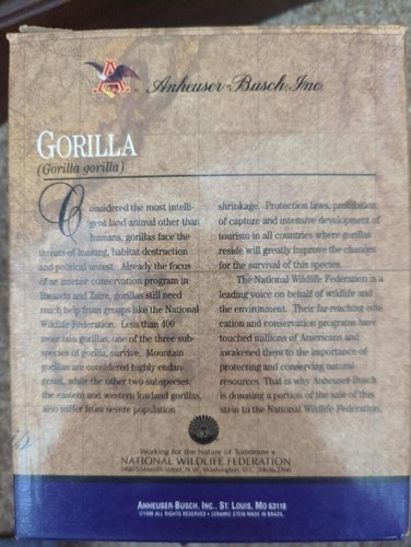 1995 Anheuser Busch Endangered Species GORILLA Budweiser Beer Stein T31 - Picture 3 of 7