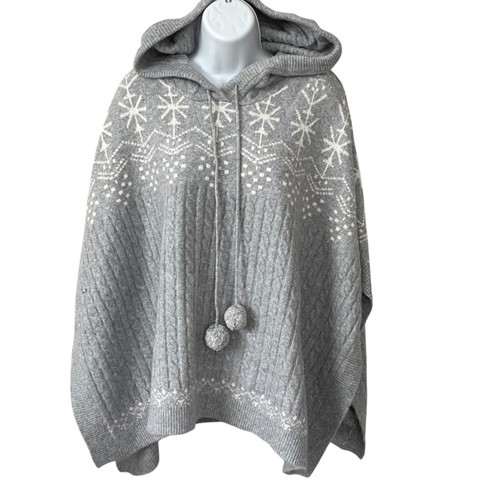 NWT Soft Surroundings Falala Knit Jacquard Poncho Sweater Hooded Gray Fair Isle
