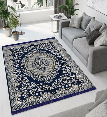 Premium Designer Velvet Living Room Carpet Area Rug Durries 5 x 7 ft, Navy Blue