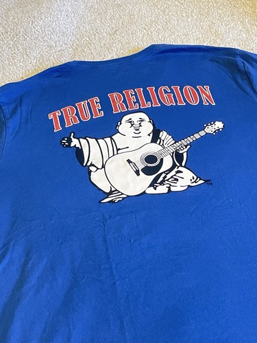 True Religion Buddha Tee Men XXL Blue Graphic Logo Cotton Short Sleeve Shirt - Picture 2 of 8