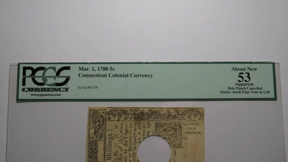 1780 Five Shillings Connecticut CT Colonial Currency Note Bill NEW53 PCGS 5s - Image 2 of 3