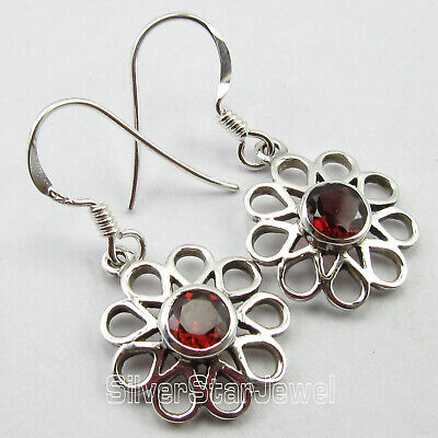 925 Sterling Silver GARNET Designer Dangle Earrings 1.2" 