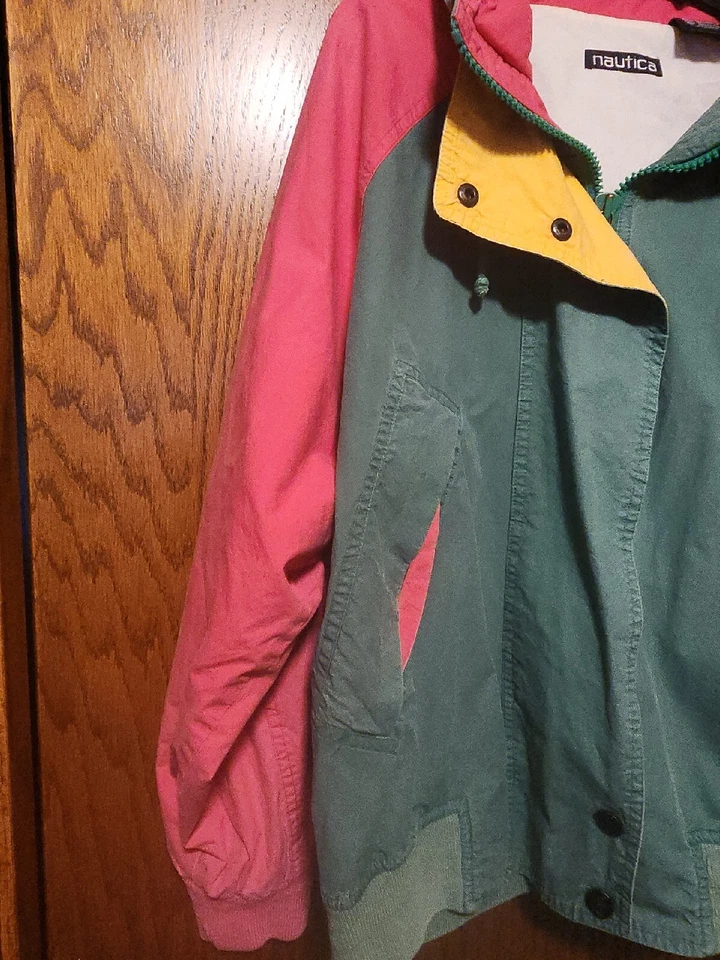 Cortavientos Nautica Vintage Años 90 Rosa Verde Amarillo con Capucha Bolsillo Talla Para Mujer M Foto 2 de 4