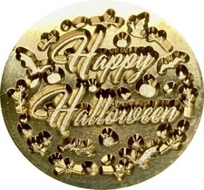 Happy Halloween script, surrounded by bats and leaves- Wax Seal Stamp Head