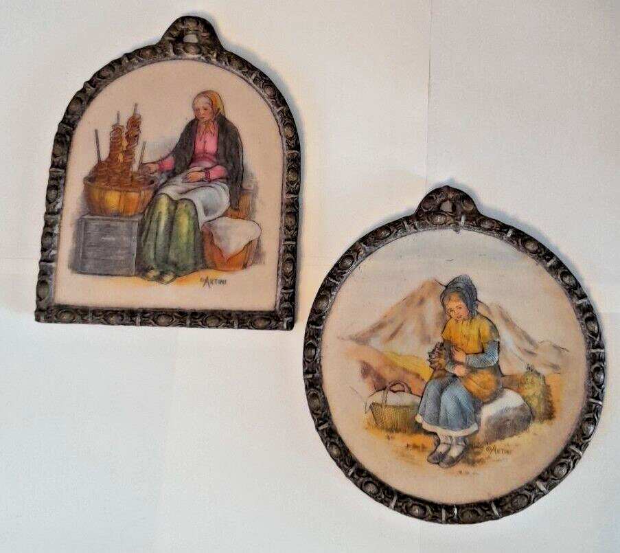 Vintage Artini Sculptured Engraving 4D Hand Painted Wall Art Pair