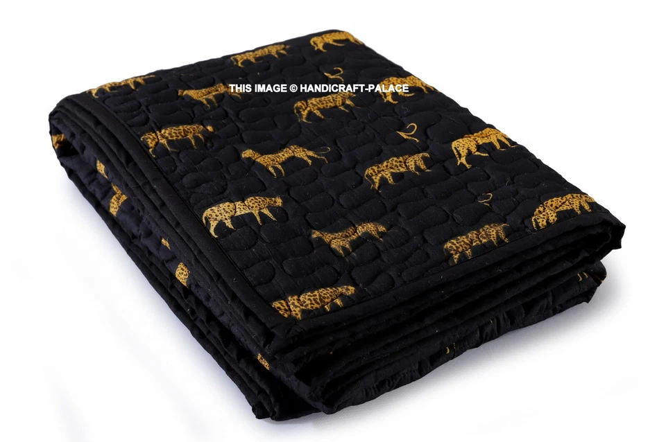 Black Leopard Printed Cotton Blanket Couch Quilt Cover Kantha Quilted Throw Sofa - Image 4 of 4