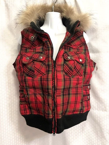Alberto Makali Wool Red Plaid Print Down Jacket Vest M NEW - Picture 1 of 14