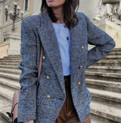 ZARA BLAZER CHECKED DOUBLE BREASTED GOLD BUTTONS PLAID JACKET  sz XL