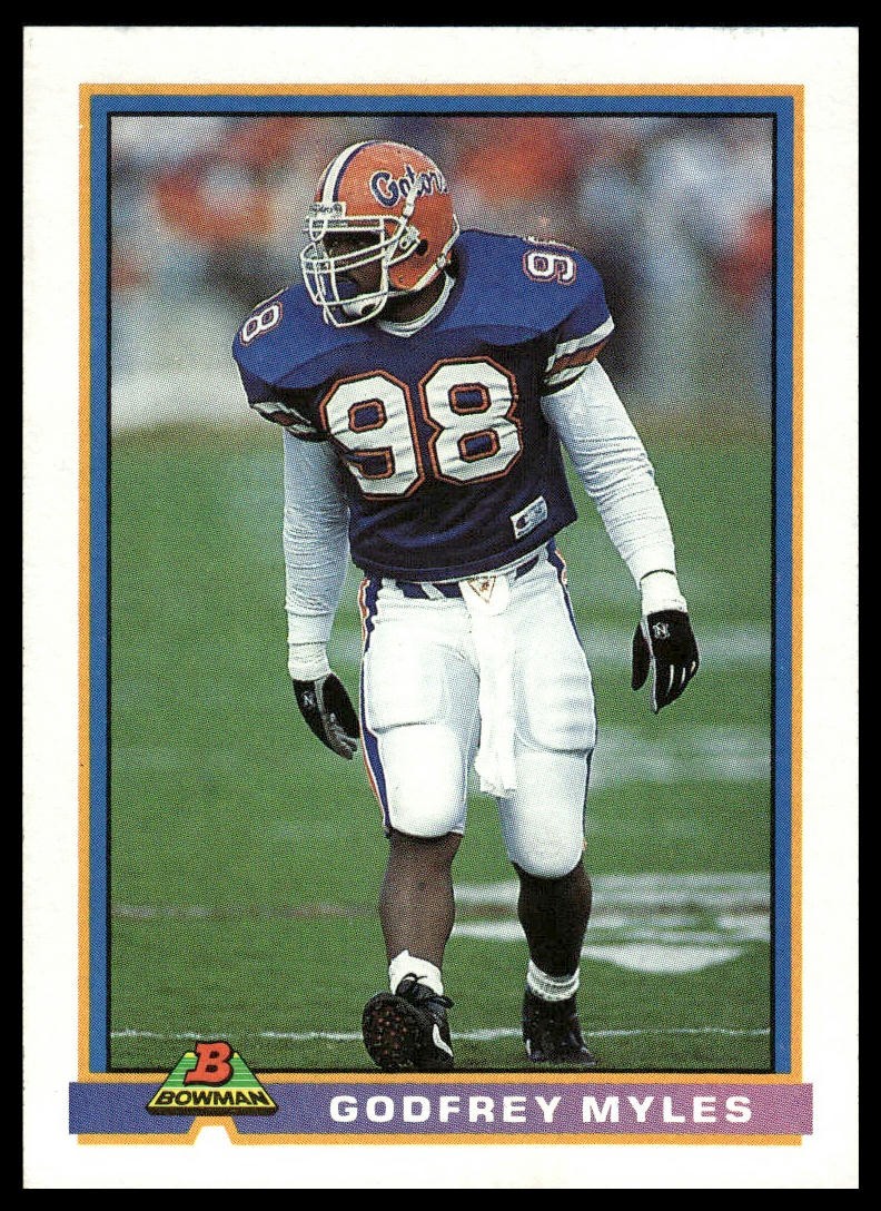 Godfrey Myles #103 Football Cards 1991 Bowman trading card — raw and PSA graded price guide