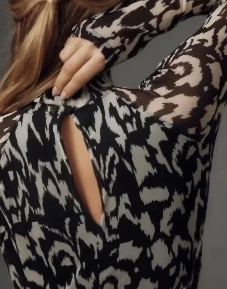 Maxi Vestido Anthropologie Cuello Simulado Tejido Bodycon Manga Transparente Estampado XL Foto 4 de 4