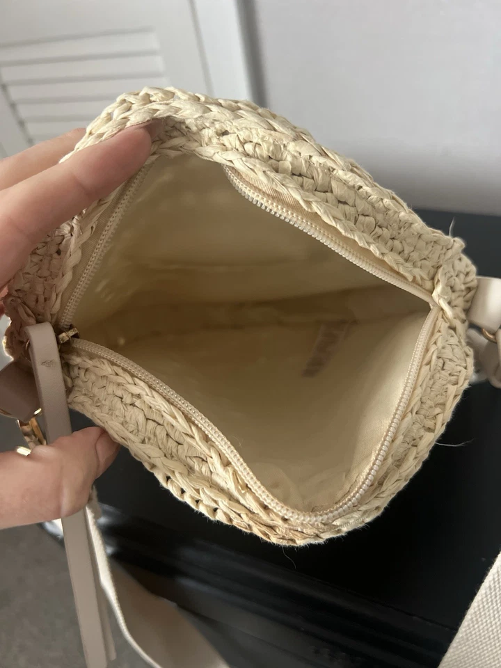 Beige Round Woven Straw Crossbody Bag, Zip Tassel, Adjustable Strap, Lined - Image 4 of 4