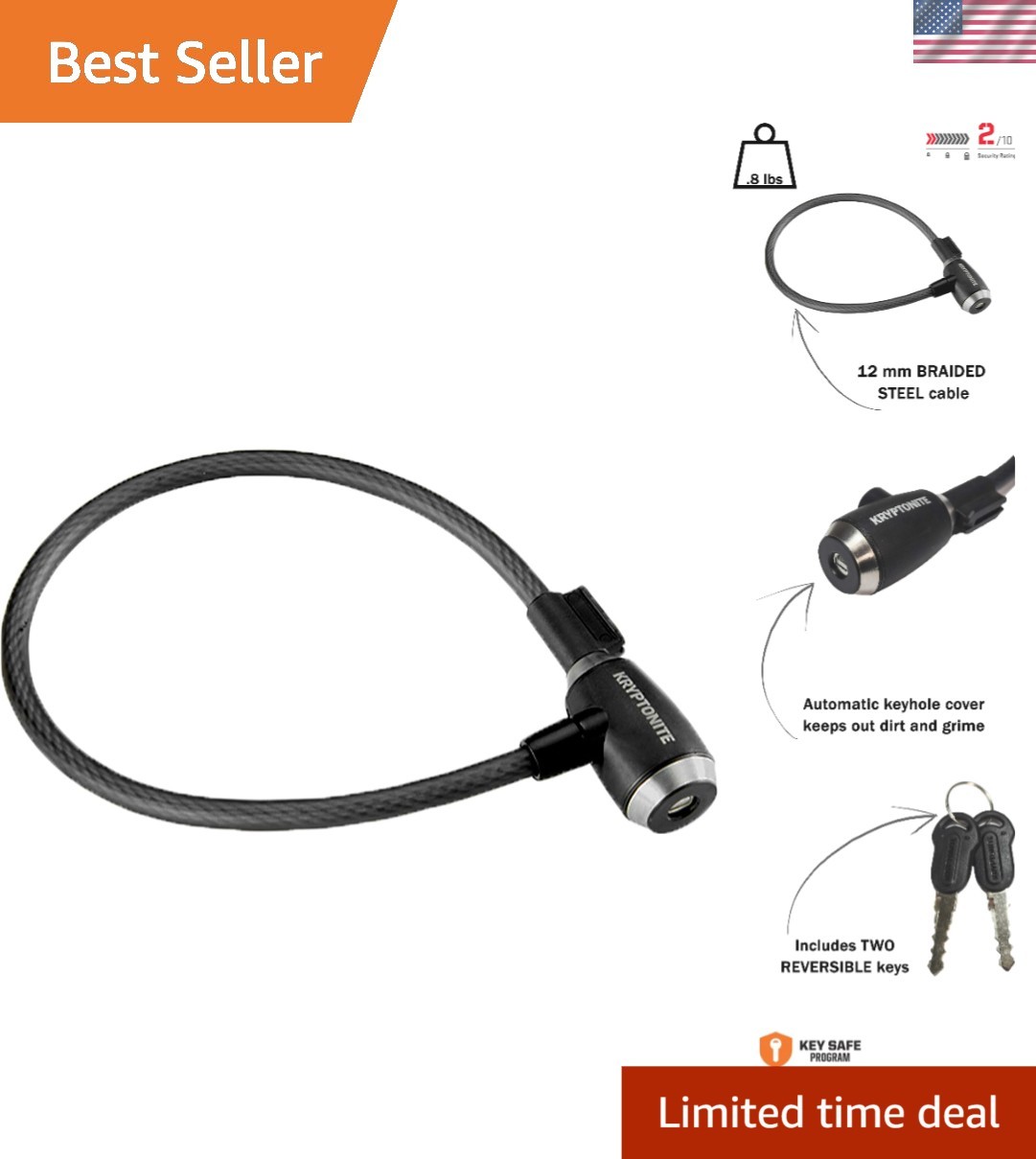 Multi-Use KryptoFlex 12mm Bike Lock Cable - Key and Combination Lock Options
