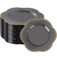 Liacere 100PCS Durable Plastic Plates-Gray Plastic Plates with Gold rim-100PC...