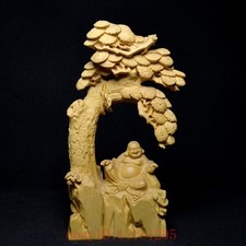 6.2 Inch Chinese Boxwood Hand carved Tree Maitreya Buddha Statue Gift Collection