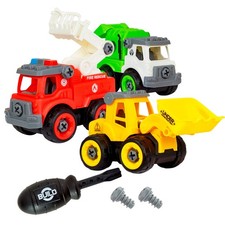 Take Apart Toy Truck Set 3 Pack Fire Construction Garbage Trucks with Tools
