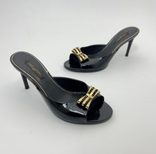 Louis Vuitton | Autentico Mules Stiletto Nero Pelle Verniciata Oro Fiocco Gemme (36)