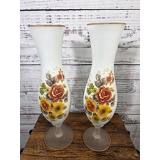VTG Frosted Glass Frosted Floral Pedestal vases pair 15" Gold Trim