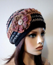 handmade crochet womans flower hat beanie boundless brown black puffs