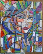 OUT ON THE TOWN   Cubism woman original 8x10 card panel oil painting by Crowell