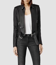 All Saints Raven Leather Biker Jacket Black Stars - Size Uk 6 Eu 34 Us 2