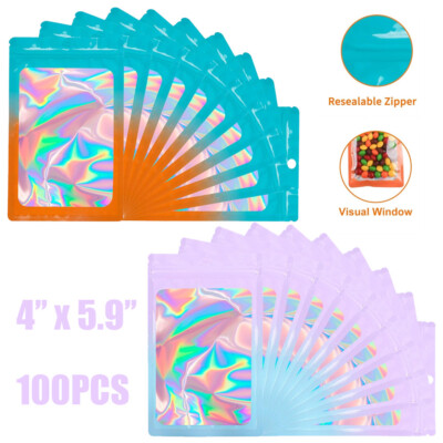 100X Smell Proof Mylar Bags Holographic Resealable Packaging Foil Pouch Gradient