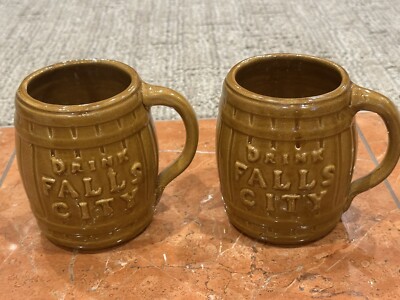 DRINK FALLS CITY BEER POTTERY BARREL MUG STEIN BROWN LOUISVILLE KY LOT 2 PAIR EU