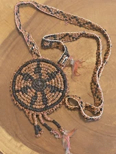 Vtg Tribal Seed Bead Necklace w Feathers Handwoven Medallion Indigenous Folk Art